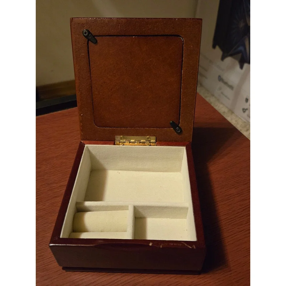 Kmart Vintage Wooden Jewelry Box Puppy Photo Lid Cherry Finish Ring Organizer